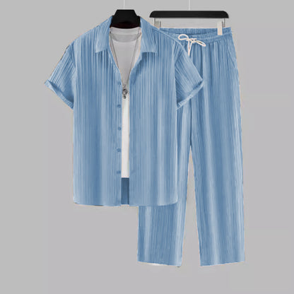 Men's Striped Short Sleeve Shirt and Drawstring Long Pants Casual Suit Set
