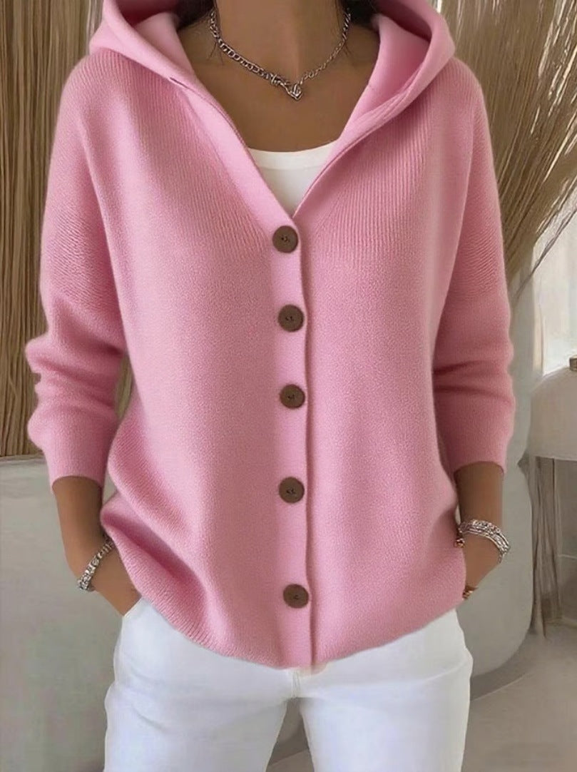 Women Hooded Knitted Cardigan Solid Color Loose Sweater Jacket