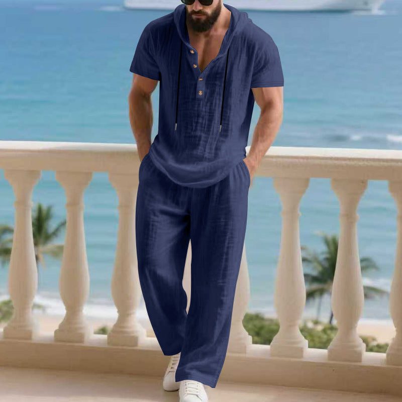 Mens Linen Hooded Sweatshirt and Pants Set
