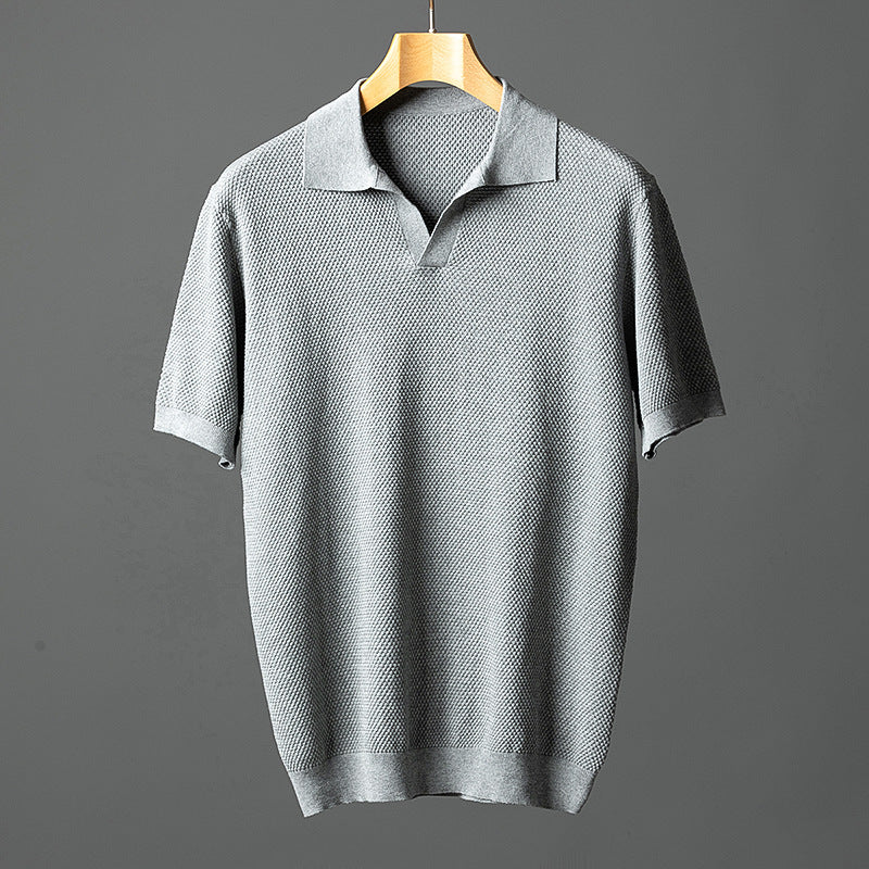 Summer Men's Pure Cotton Short-Sleeve Pineapple Knit Seagull Collar Breathable Thin T-Shirt Solid Color Casual Knitwear Men's Clothing