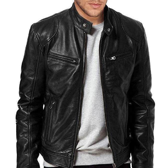 Mens Stand Collar Leather Jacket