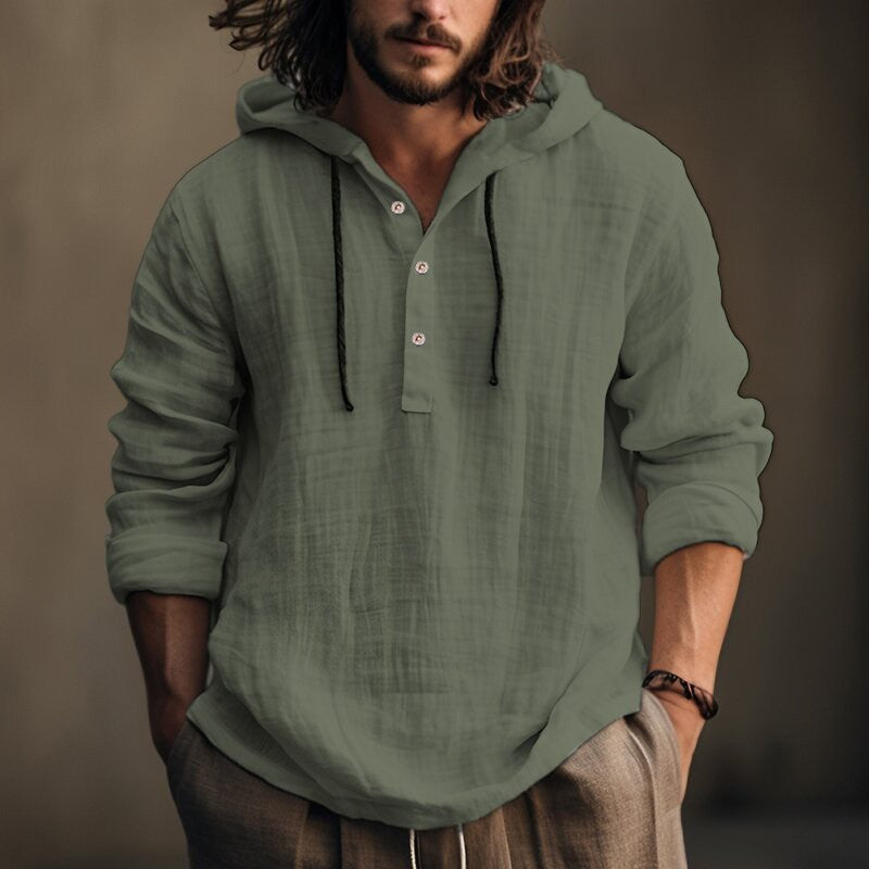 Cross-Border Summer Cotton and Linen Men's Hooded Shirt Long-Sleeved Casual Top Solid Color Breathable Thin Beach Men's T-Shirt