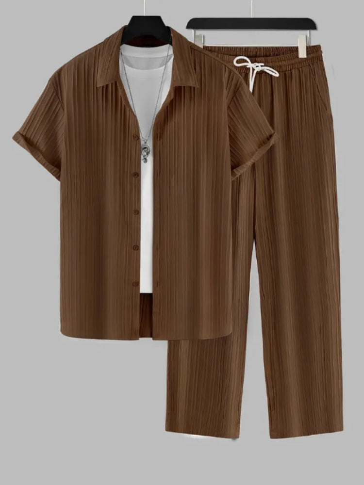 Men's Striped Short Sleeve Shirt and Pants Casual Suit