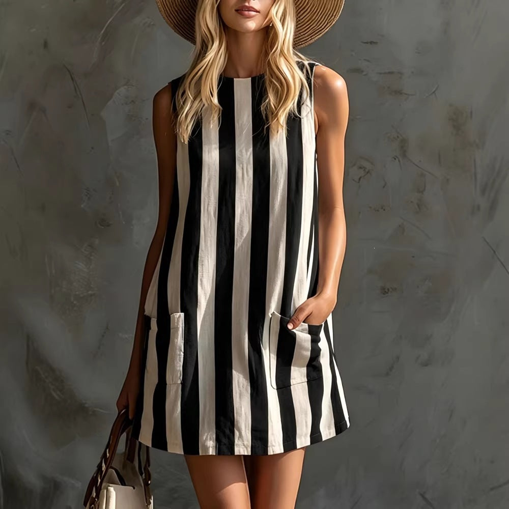 Women Retro Striped Sleeveless Round Neck Cotton Linen Mini Dress