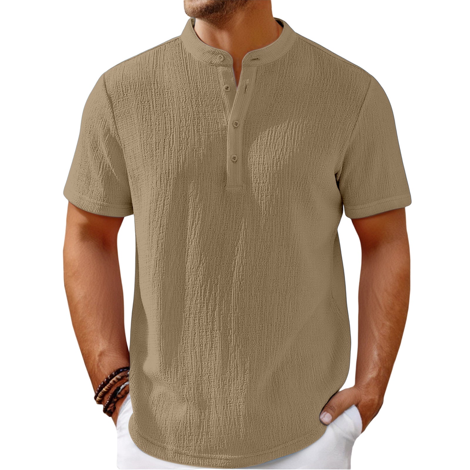 Mens Retro Cotton Linen Striped Henley Shirt