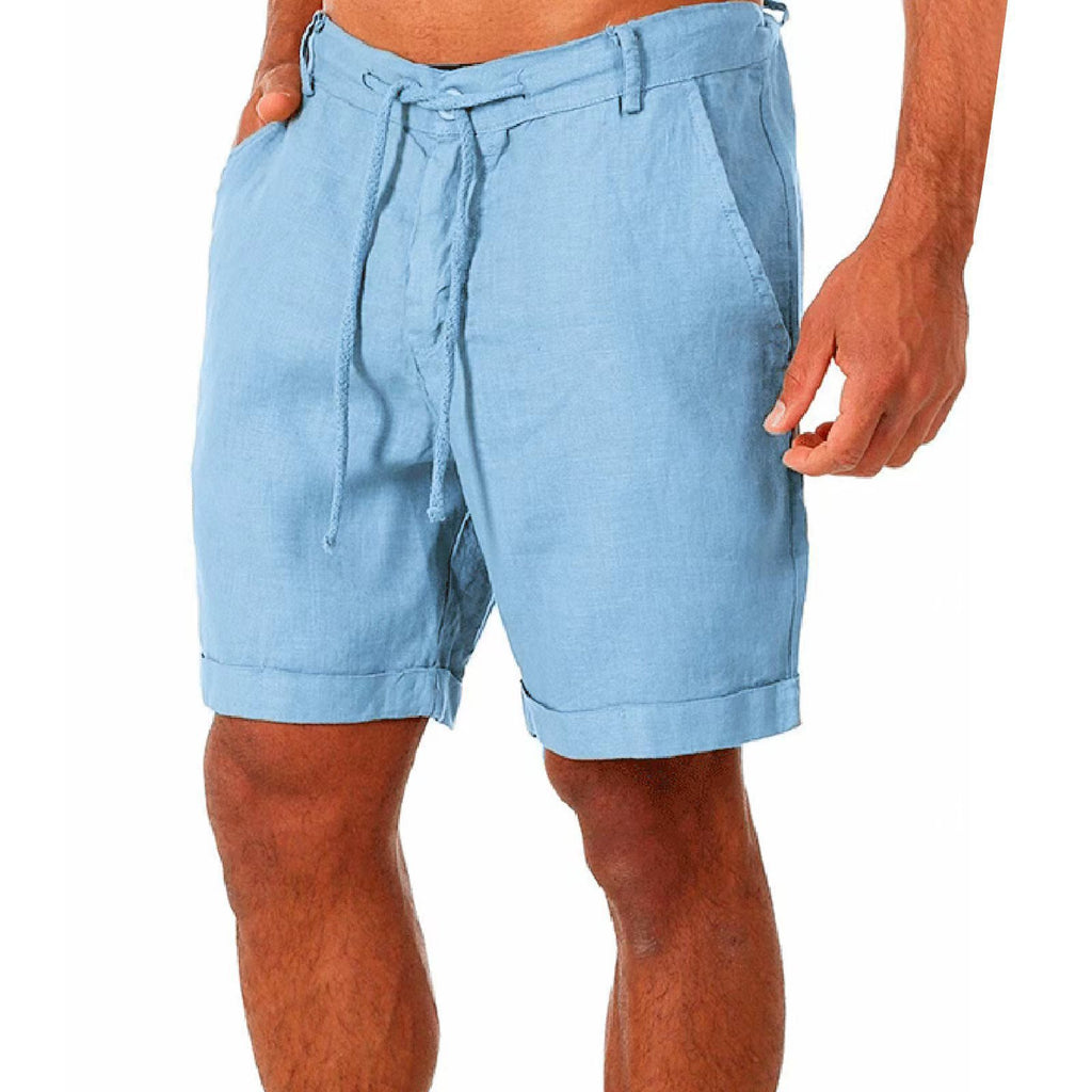 Mens Cotton Linen Drawstring Casual Shorts
