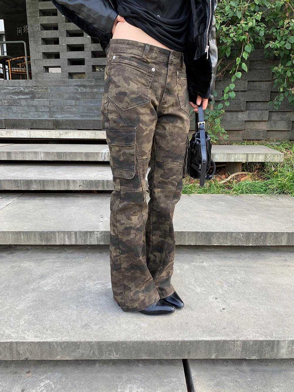 Versatile flared camouflage cargo pants for women