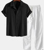 Mens Solid Color Short Sleeve Shirt and Pants Set