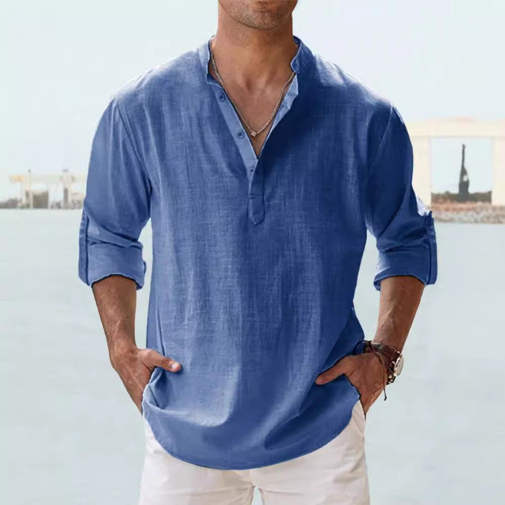 Mens Linen Collar Long Sleeve Shirt