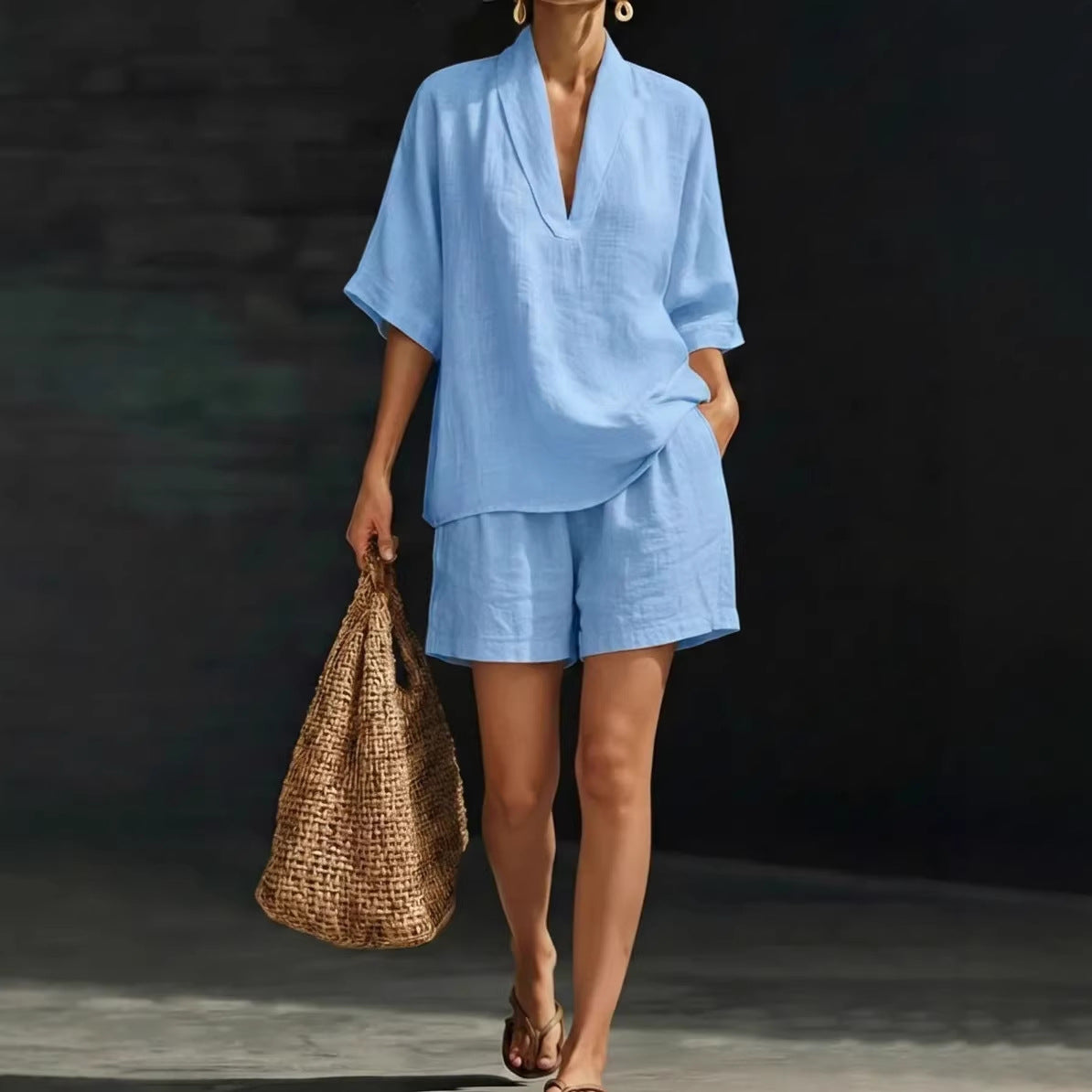 Womens V-Neck Short Sleeve Wide-Leg Pants Suit