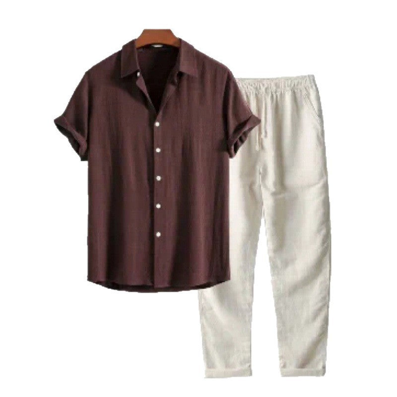 Mens Casual Short Sleeve Shirt and Long Pants Set