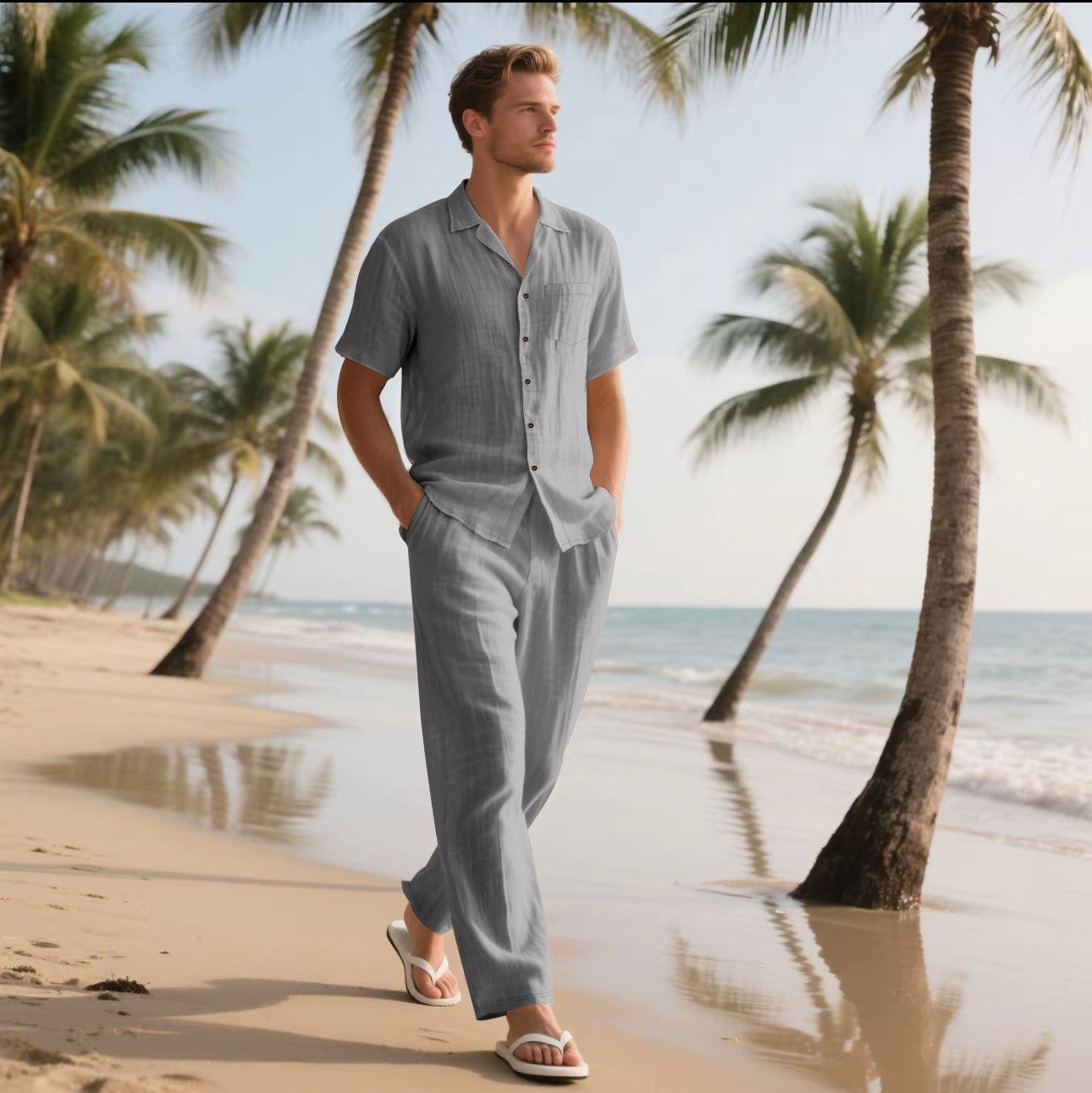 Men's Linen Short Sleeve Shirt and Trousers Set