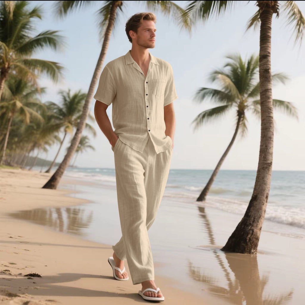 Men's Linen Short Sleeve Shirt and Trousers Set