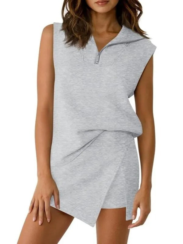 Zippered Sleeveless Skirt-Pants Two-Piece Set