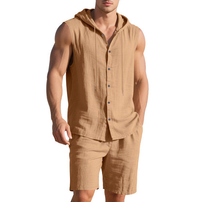 Men's Linen Hooded Vest and Shorts Set