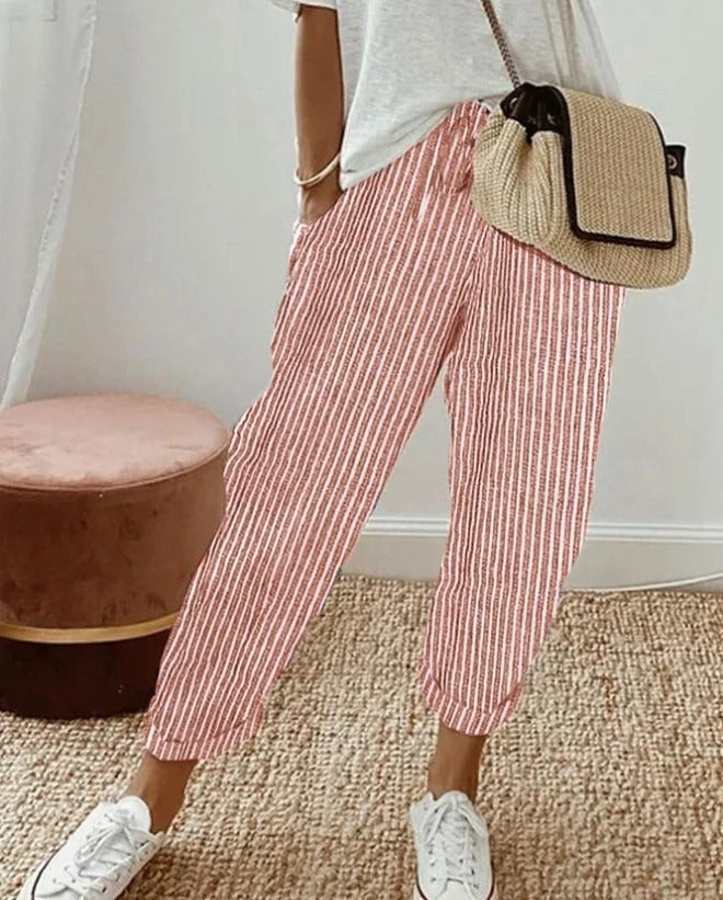 Womens Loose Striped Elastic Waist Pants