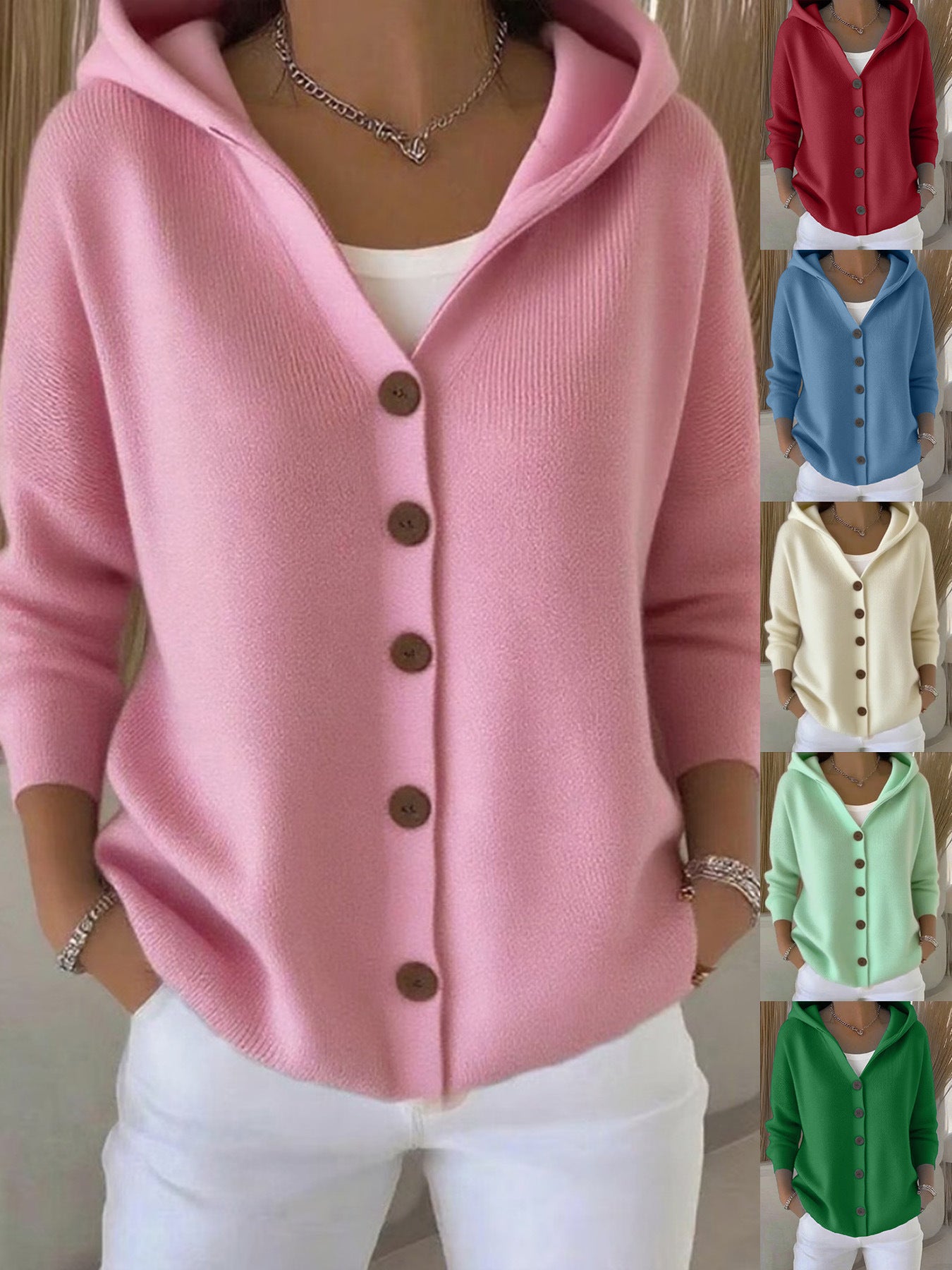 Women Hooded Knitted Cardigan Solid Color Loose Sweater Jacket