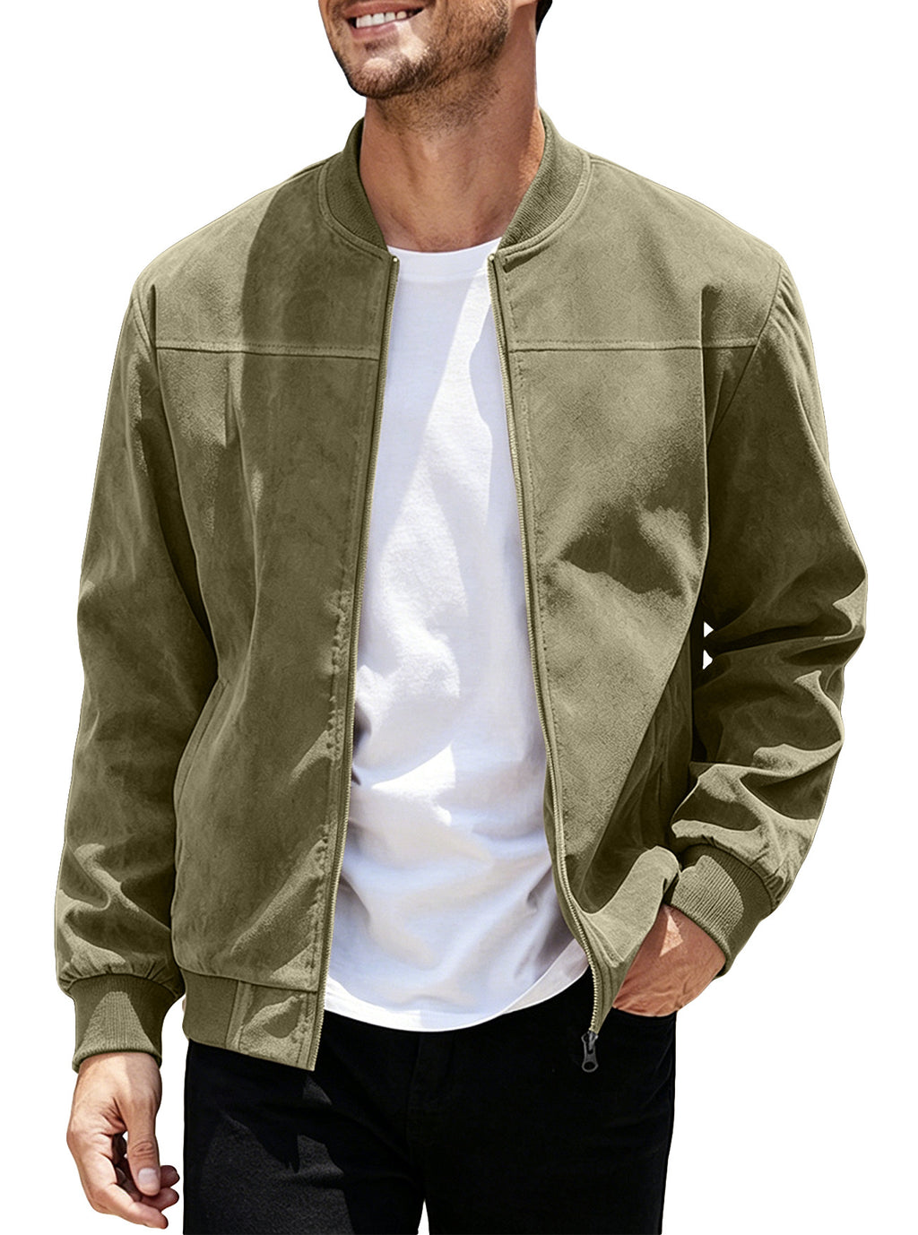 Mens Suede Zipper Jacket Retro Long Sleeve Casual Outerwear