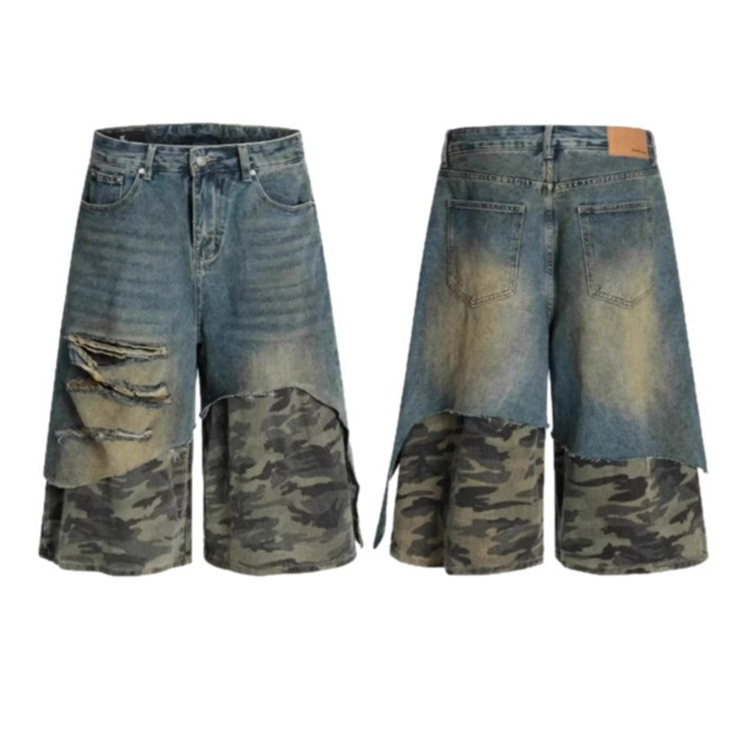 Mens Washed Denim Shorts High Waist Cropped Distressed Style