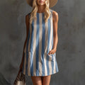 Women Retro Striped Sleeveless Round Neck Cotton Linen Mini Dress