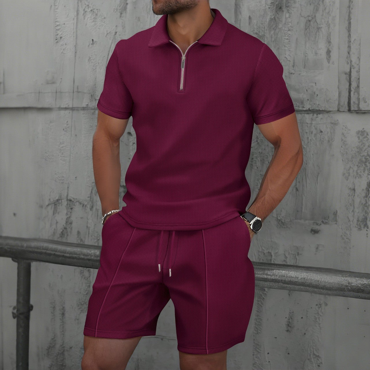Men's Waffle Knit Short Sleeve and Shorts Set