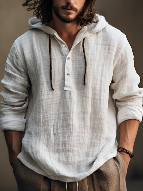 Cross-Border Summer Cotton and Linen Men's Hooded Shirt Long-Sleeved Casual Top Solid Color Breathable Thin Beach Men's T-Shirt