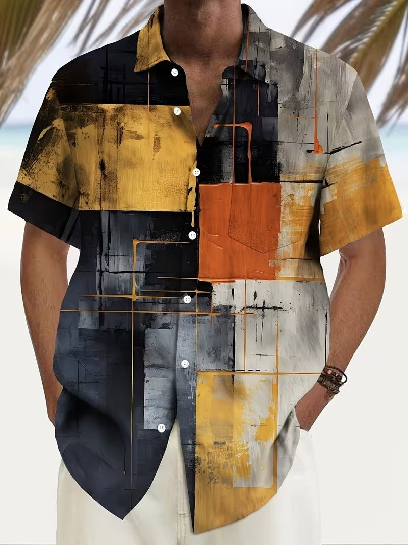 Summer European and American Printed Short-Sleeved Shirt Men's Loose Large Size Casual Lapel Shirt Top