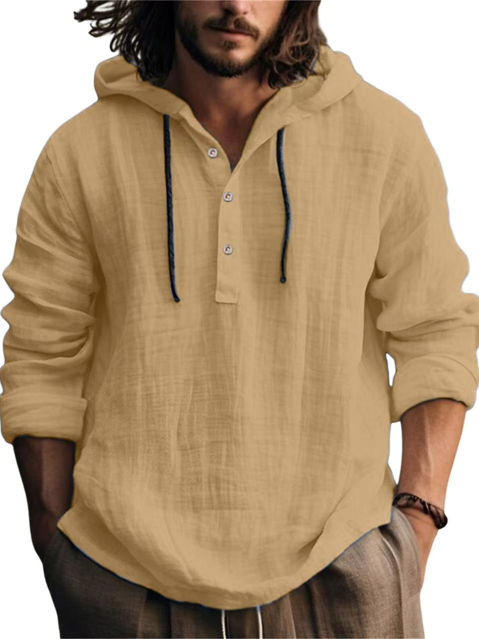 Cross-Border Summer Cotton and Linen Men's Hooded Shirt Long-Sleeved Casual Top Solid Color Breathable Thin Beach Men's T-Shirt