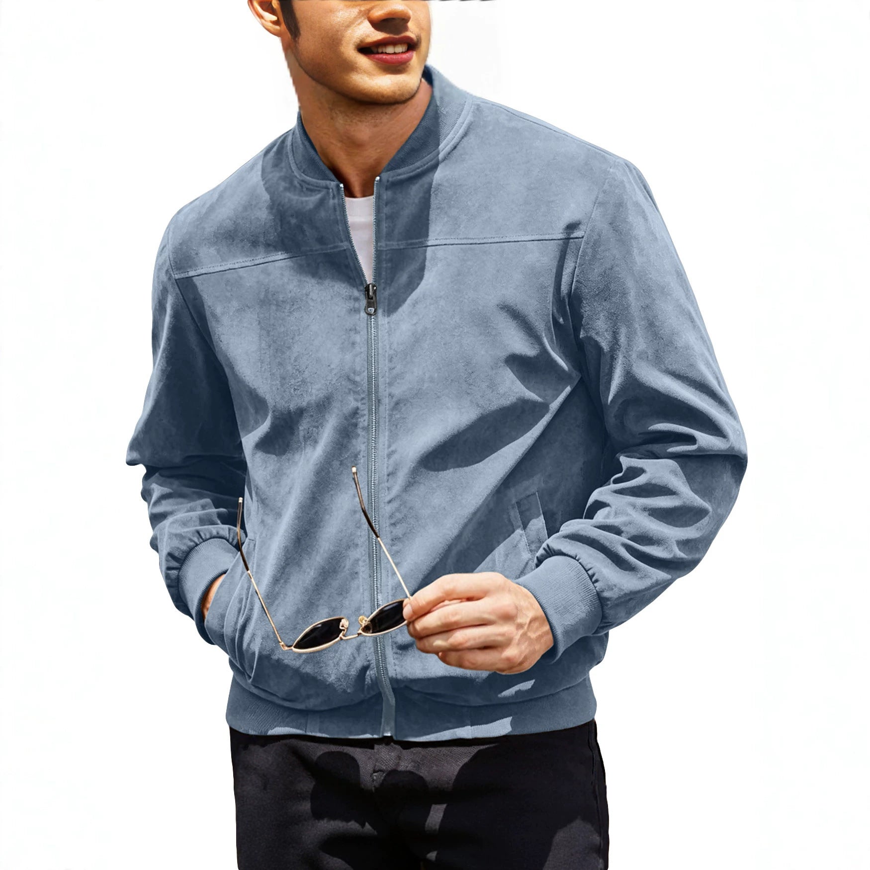 Mens Suede Zipper Jacket Retro Long Sleeve Casual Outerwear