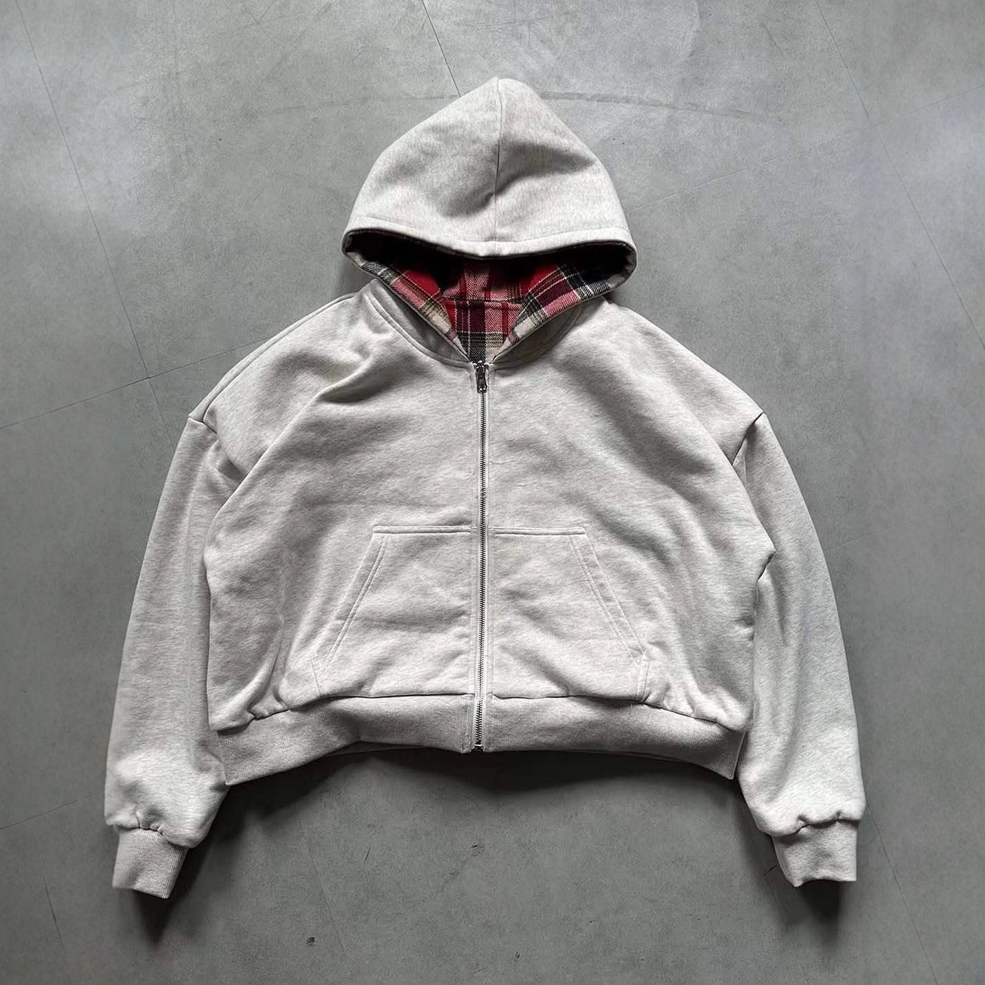 Reversible Plaid Zipper Hoodie Cardigan