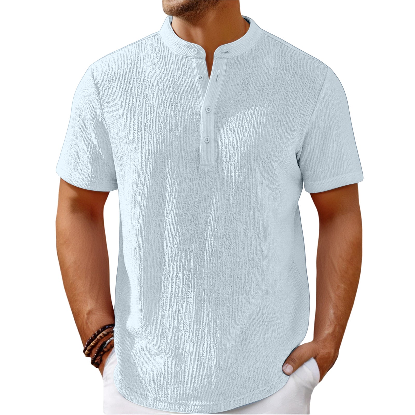 Mens Retro Cotton Linen Striped Henley Shirt