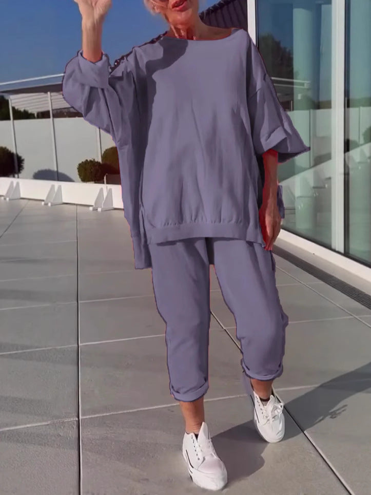 Women's Casual Long Sleeve Round Neck Top and Sports Pants Two-Piece Set