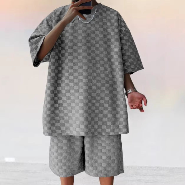 Men's Jacquard Plaid Casual T-Shirt and Shorts Set
