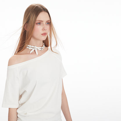 Irregular slanted collar off-the-shoulder short-sleeved shirts in summer