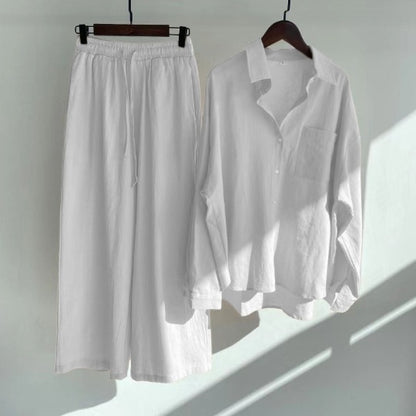 cotton and linen shirts, high-waisted loose trousers