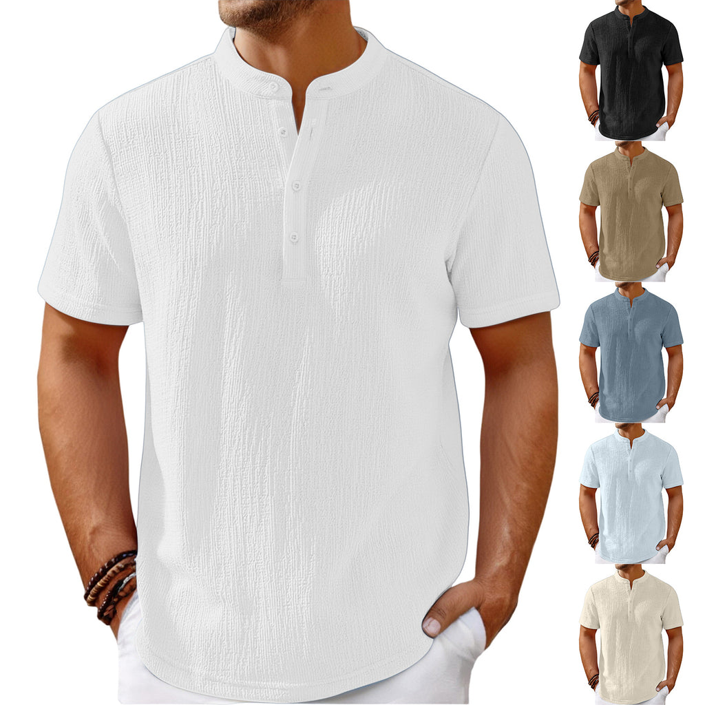 Mens Retro Cotton Linen Striped Henley Shirt