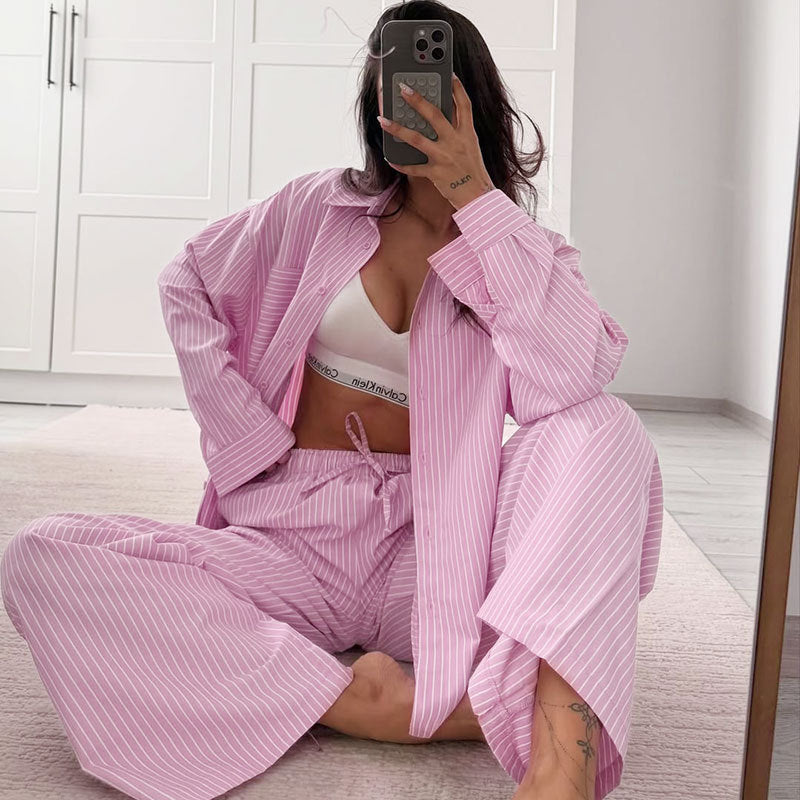 Womens Casual Striped Long Sleeve Pants Set