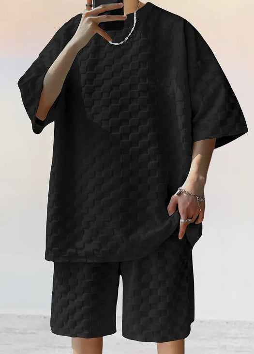Men's Jacquard Plaid Casual T-Shirt and Shorts Set