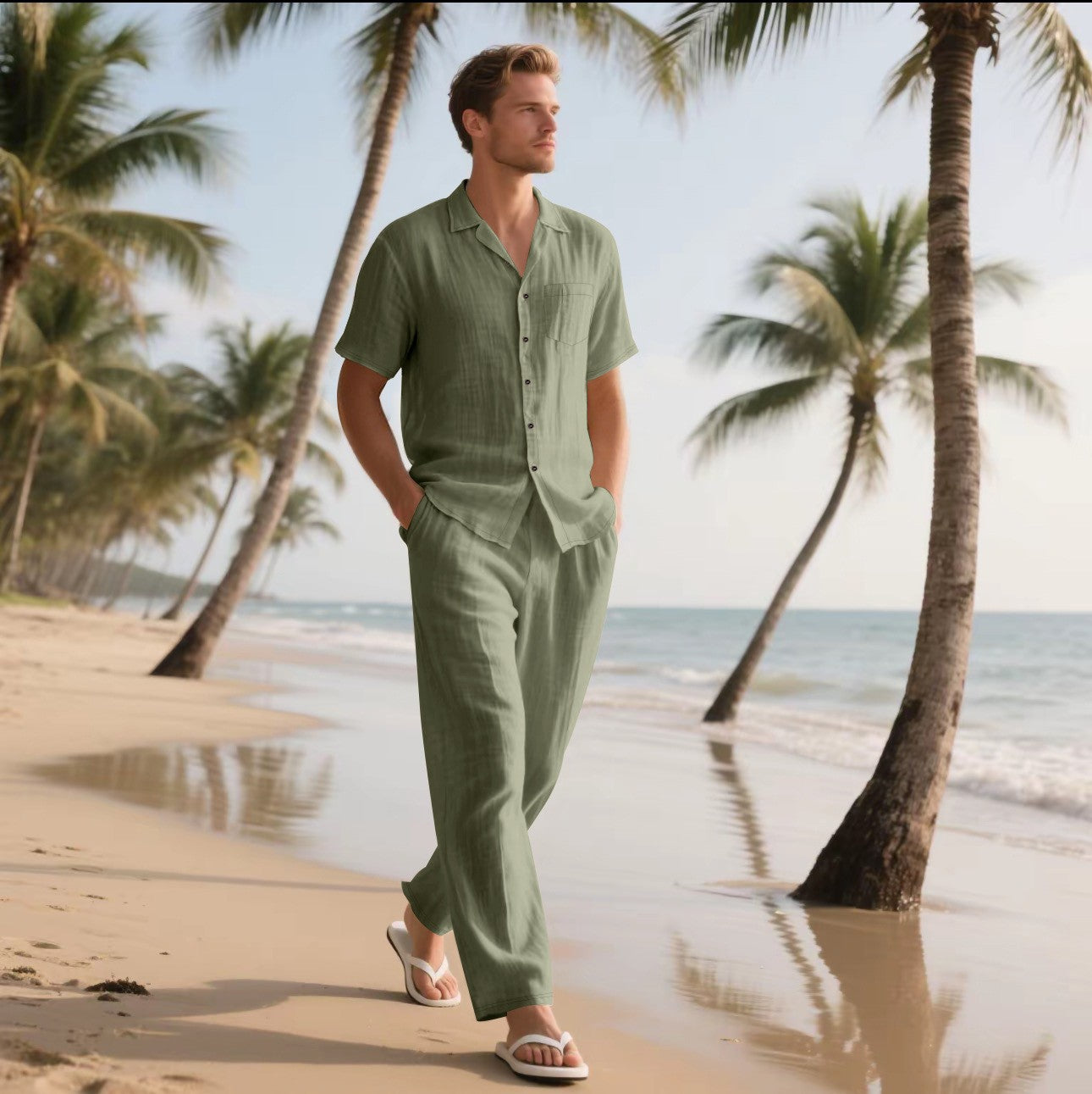 Men's Linen Short Sleeve Shirt and Trousers Set