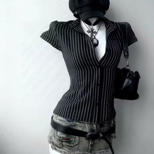 French Elegant Striped Polo Collar Shirt