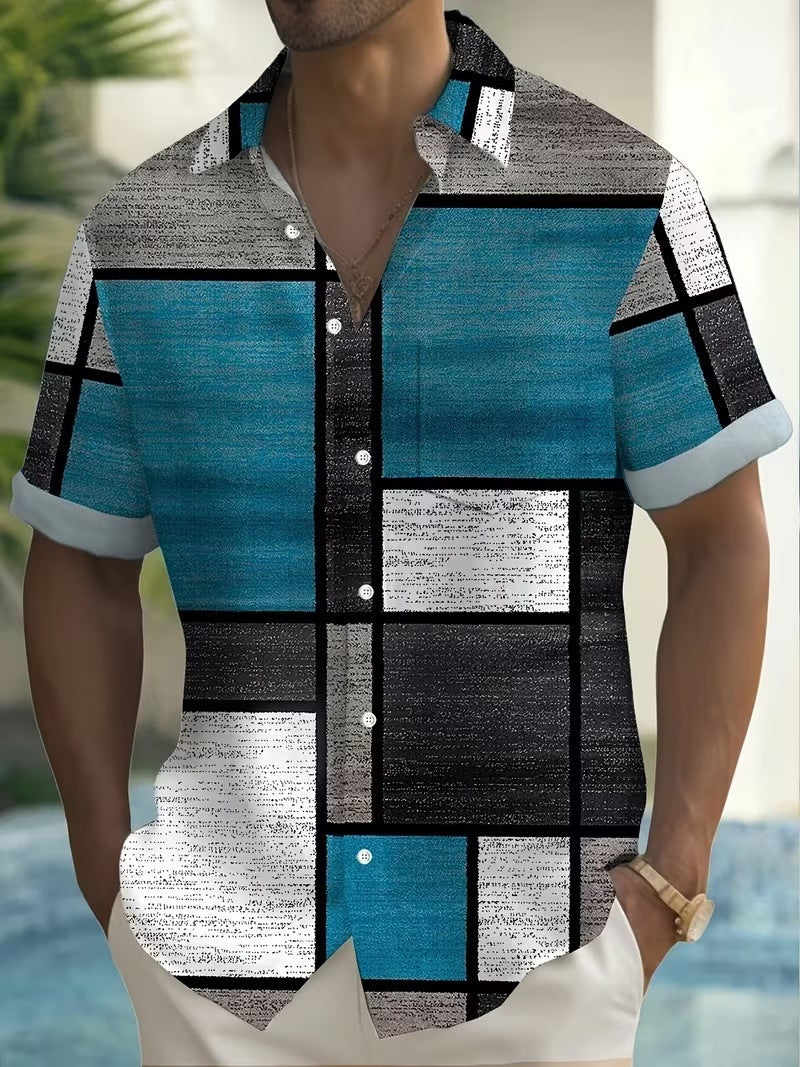 Summer European and American Printed Short-Sleeved Shirt Men's Loose Large Size Casual Lapel Shirt Top