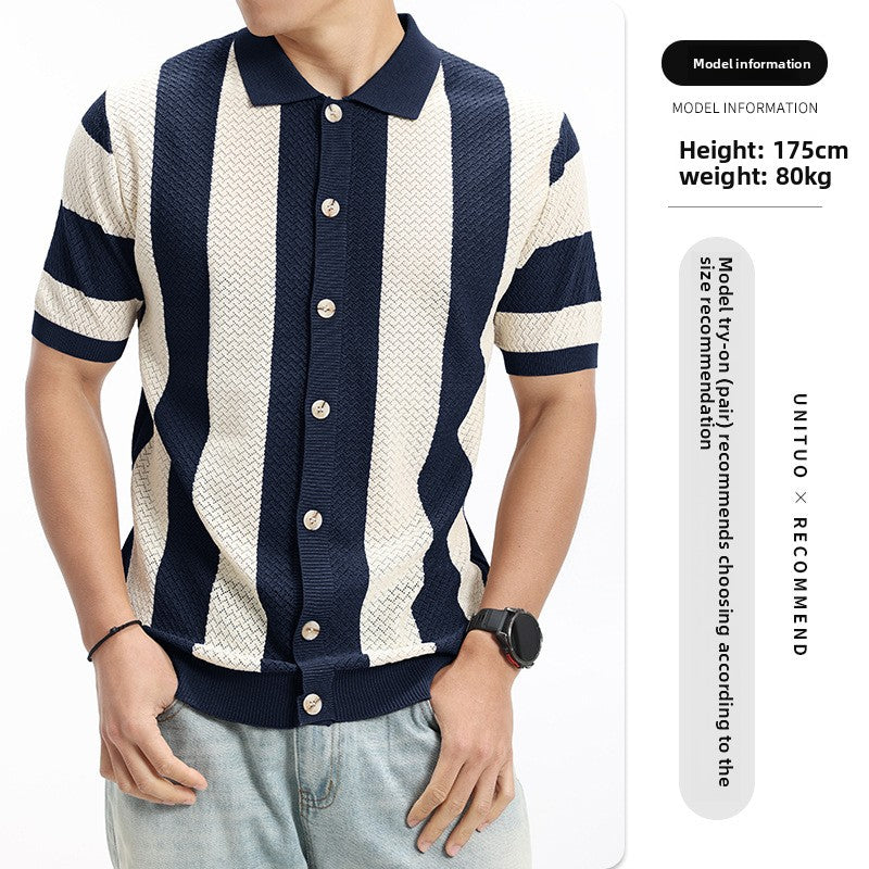 Mens Striped Knit Polo Shirt