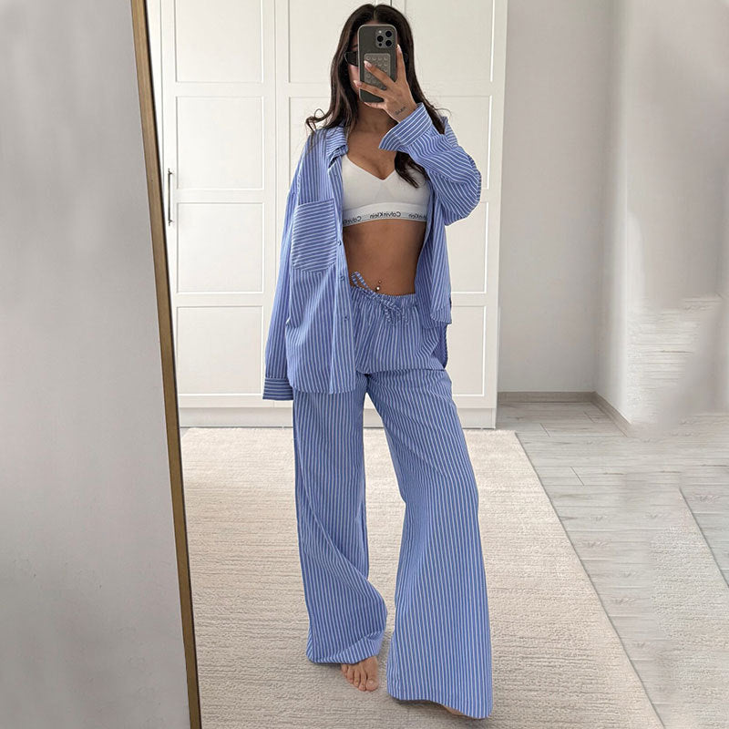 Womens Casual Striped Long Sleeve Pants Set