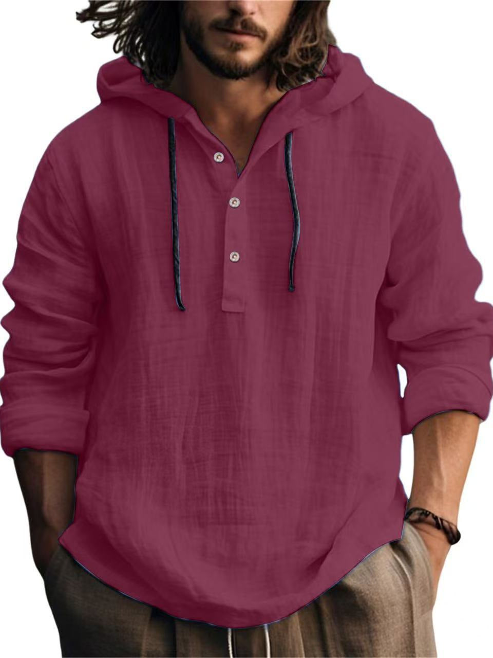Cross-Border Summer Cotton and Linen Men's Hooded Shirt Long-Sleeved Casual Top Solid Color Breathable Thin Beach Men's T-Shirt