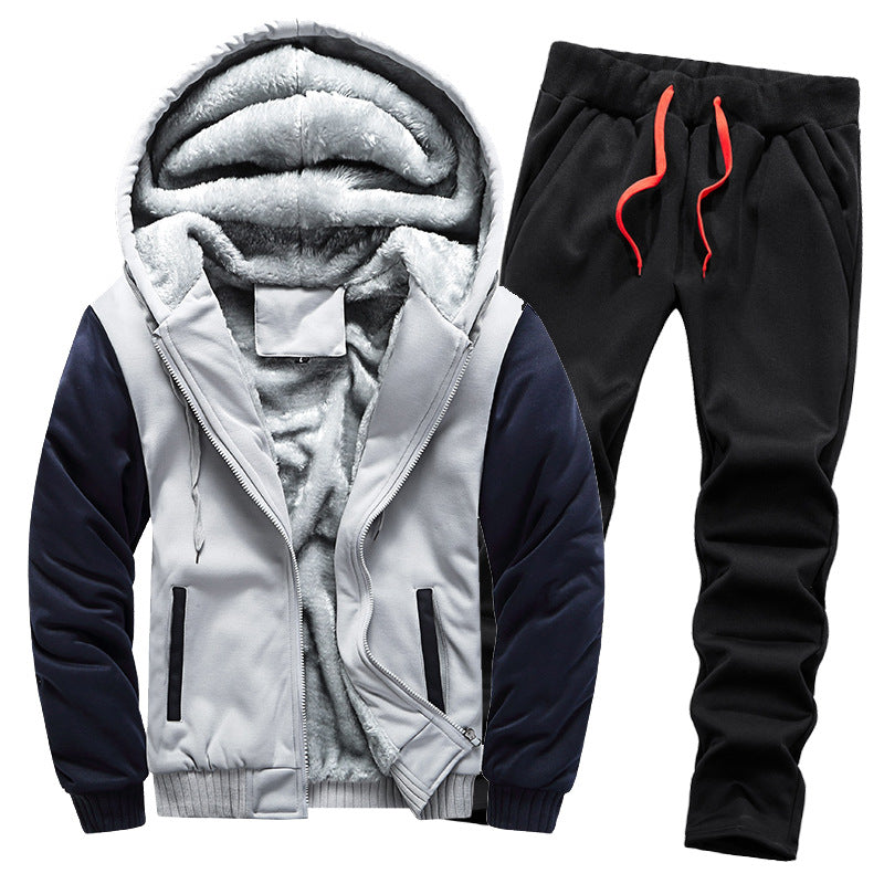 Men's thickened fleece-lined hoodie set