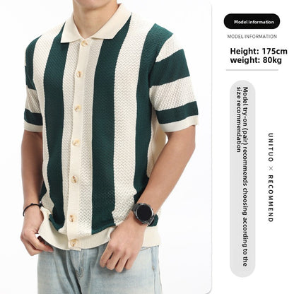 Mens Striped Knit Polo Shirt