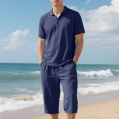 Men's Linen Polo Shirt and Short Pants Set