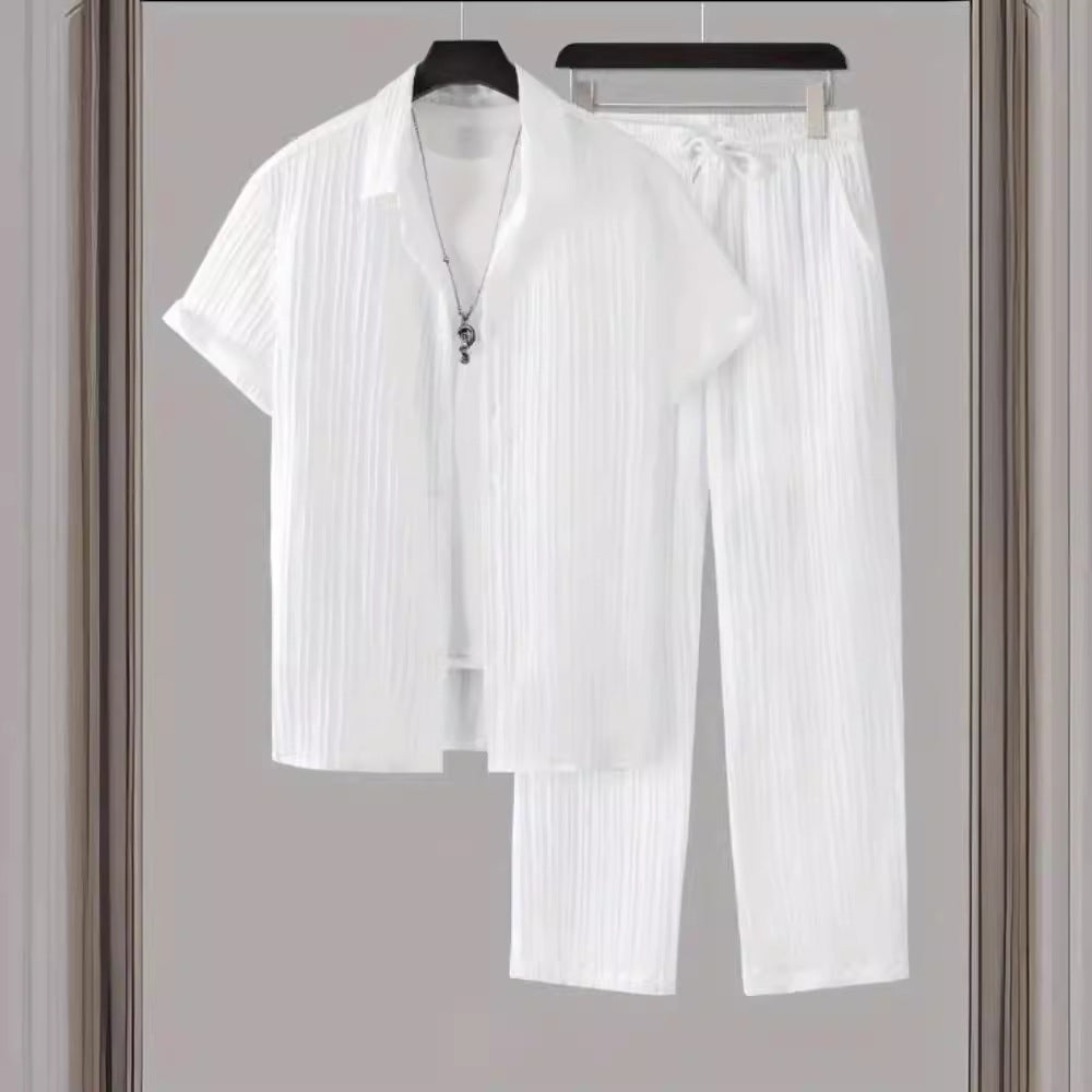Men's Striped Short Sleeve Shirt and Pants Casual Suit