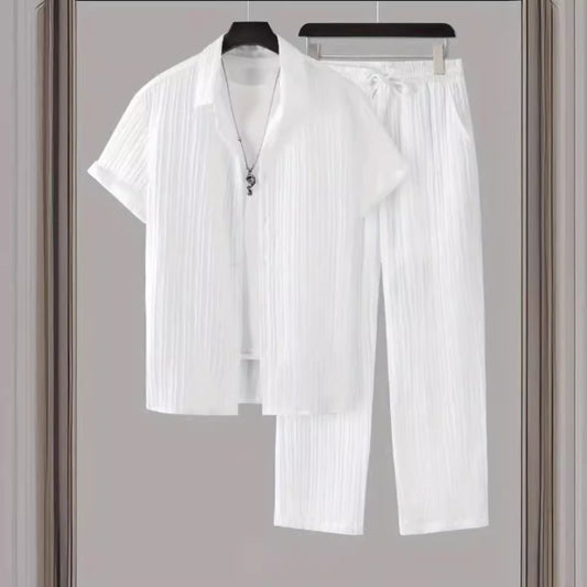 Men's Striped Short Sleeve Shirt and Pants Casual Suit