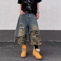 Mens Washed Denim Shorts High Waist Cropped Distressed Style